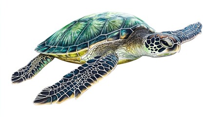 Fototapeta premium Green sea turtle swimming, isolated on white background.