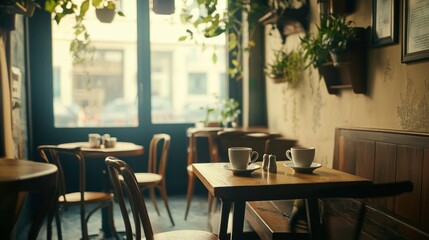 Obraz premium Cozy cafe interior with wooden tables, chairs, and plants near window.