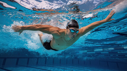 Professional swimmer diving into a clear blue pool, wearing a black swimming cap and blue goggles, captured underwater in a dynamic pose with arms stretched out. Splash, bubbles, and shimmering water