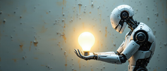 A futuristic robot delicately holds a glowing light bulb, symbolizing innovation and technology.