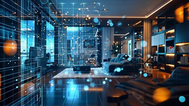 Futuristic user interface controlling smart home devices in a modern apartment, showcasing innovative technology and automation for enhanced living
