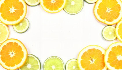 Colorful citrus slices arranged on a white background with ample copy space for text