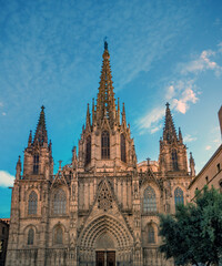The facade of the cathedral of Barcelona (Metropolitan Cathedral Basilica of the Holy Cross and...