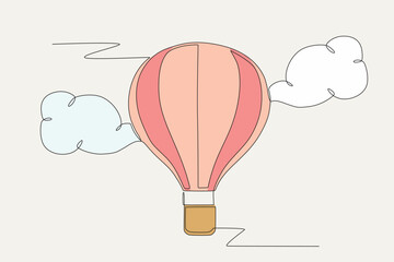 Colored hot air balloon in the clouds. Hot air balloon concept one-line drawing