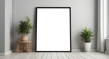 Large blank frame stands between potted plants in a minimalist room