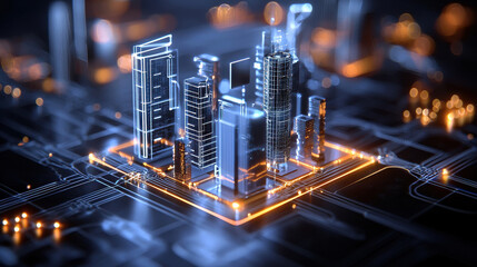futuristic smart city with glowing skyscrapers and circuit patterns, showcasing advanced technology and urban development
