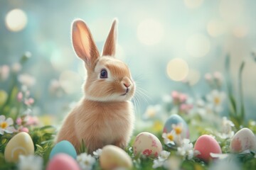 Soft bunny surrounded by colorful Easter eggs and flowers in a springtime garden