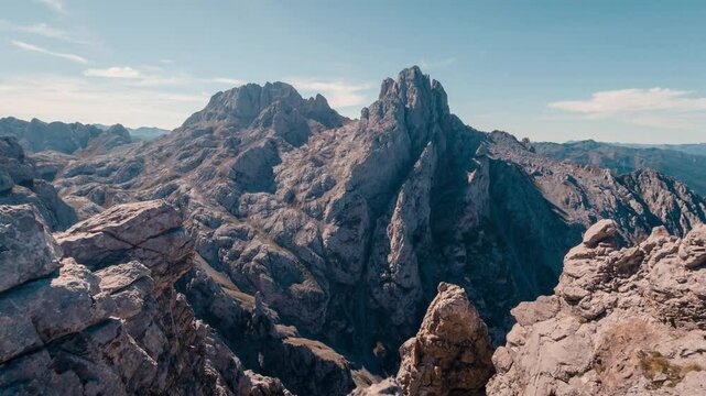 Timelapse of Picos de Europa mountain Torre del Friero view from Collado Jermoso Mountain hut on a sunny summer day