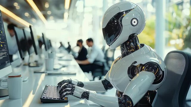 Futuristic robot working on a computer in a modern office.  A sleek humanoid robot efficiently typing on a computer keyboard in a bright, modern office space, showcasing advanced AI integration.