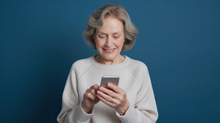 Fototapeta premium Elderly woman with short wavy hair, wearing a light-colored sweater, smiling as she looks at a smartphone in her hands. The solid blue background highlights her cheerful expression