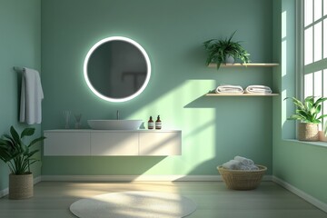 Modern bathroom with green walls, elegant fixtures, and natural light illuminating the space