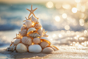 Beach Christmas Tree with Starfish and Seashells by Sparkling Waves