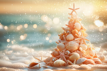 Beach Christmas Tree with Starfish and Seashells by Sparkling Waves