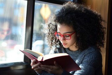 Young Woman with Curly Hair and Red Glasses Reading by a Sunny Window, Immersed in Her Book