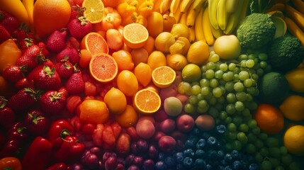 Fresh organic food. Colorful fruits and vegetables. Top view of fresh vegetables and fruits. Healthy fresh rainbow colored fruits and vegetables. Healthy eating. Diet Healthy food. Fruits vegan food