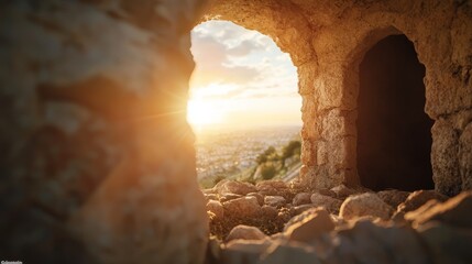 Stunning Sunset View Through Ancient Stone Archway Revealing Vibrant Landscape and Golden Light Over City Horizon in Background