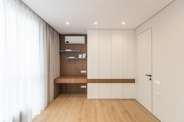 Background of minimal home office workplace in modern apartment, copy space