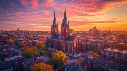 Obraz premium Majestic gothic church at vibrant sunset over autumnal city.