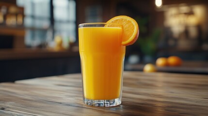 Fresh orange juice in a tall glass on a wooden table.