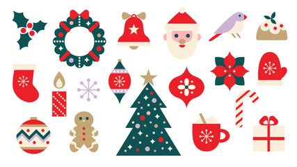 Set of Christmas minimalistic geometric elements and decorations. Xmas abstract icons in trendy retro style. Vector illustration