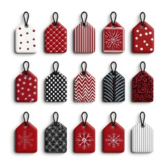 Variety of Red and White Christmas Gift Tags with Snowflakes, Stripes, Dots, Patterns, and Seasonal Designs, Holiday Gift Wrapping Accessories