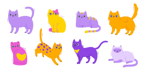 Cartoon cats collection. Comic vector kittens set. Bright isolated cats bundle.