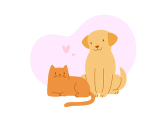 Cat and dog friends flat illustration. Cute vector pets in harmony. Friendship between dog and cat
