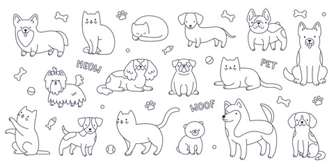 Outline pets collection. Vector cat and dogs sketch set. Cute doodle pets bundle.