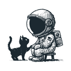 The cute astronaut hug a black cat . Black white vector icon and logo illustration © Maryoto