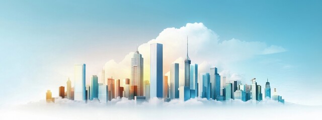 Fototapeta premium Vibrant City Skyline Surrounded by Soft Clouds Against a Bright Blue Sky During Daytime, Capturing Urban Life and Architectural Diversity