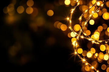 golden fairy lights with bokeh effect on black background, warm and festive lighting for holiday decor, celebrations, and cozy ambiance