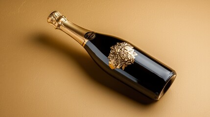 Elegant black bottle of sparkling wine with intricate golden design on the label, set against a smooth gold background, ideal for celebrations and special occasions