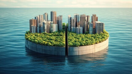 Divided cityscape on a circular island in the ocean, representing urban development and...