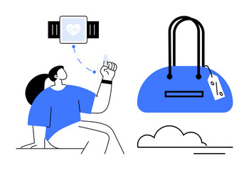 Fototapeta premium Person examining smartwatch heart rate monitor while seated next to a handbag. Ideal for technology, healthcare, lifestyle, fitness, shopping, consumer products, modern living. Line metaphor