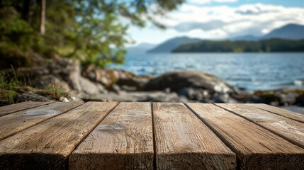 Serene Wooden Table Overlooking a Calm Lake with Lush Greenery and Rocky Shoreline in the Background on a Clear Day