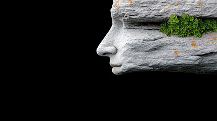 Stone Face Profile: A mesmerizing profile of a stone face sculpture, partially covered with moss,...