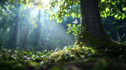 Serene Sunlight Filtering Through Green Foliage in a Lush Forest, Showcasing Misty Atmosphere and Vibrant Nature Elements Beneath a Tree
