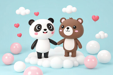 Cute panda and bear characters with clouds and pink and white spheres on a light blue background