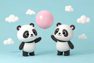 Cute panda and bear characters with clouds and pink and white spheres on a light blue background