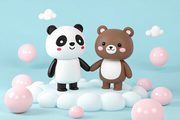 Cute panda and bear characters with clouds and pink and white spheres on a light blue background