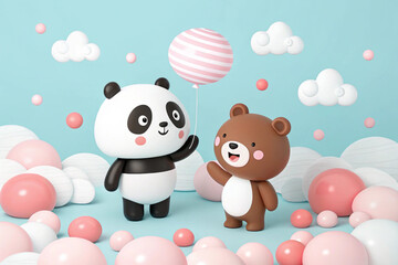 Cute panda and bear characters with clouds and pink and white spheres on a light blue background © MdTanvir