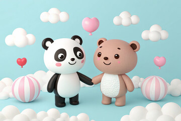Cute panda and bear characters with clouds and pink and white spheres on a light blue background © MdTanvir