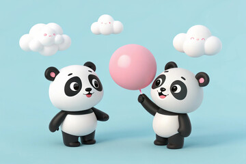 Cute panda and bear characters with clouds and pink and white spheres on a light blue background © MdTanvir