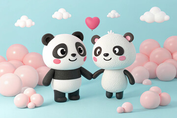 Cute panda and bear characters with clouds and pink and white spheres on a light blue background