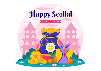 Happy Seollal Translation Korean New Year Vector Illustration Featuring the Year of the Wood Rabbit and Gold Coins for the 29 January Celebration