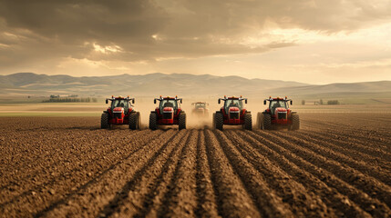 Fototapeta premium Dramatic scene of tractors plowing through fertile soil, creating dust clouds under moody sky. landscape showcases agricultural activity and beauty of farming