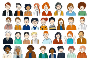 Obraz premium Diverse group of people smiling, showcasing various hairstyles and clothing styles. This illustration represents inclusivity and community spirit
