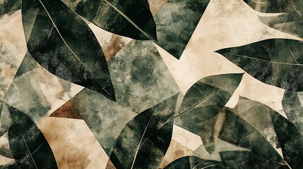 Abstract dark green and beige leaf pattern, textured background.