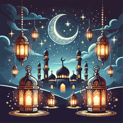 Illustration of mosque at night month ramadhan