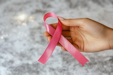 breast cancer day. close-up of hands holding a pink ribbon against a neutral background, symbolizing unity and awareness.